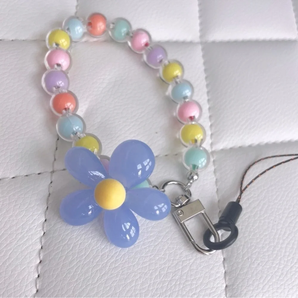 Colorful Pastel Beaded Flower Wrist Phone Lanyard Bracelet Keychain NWT